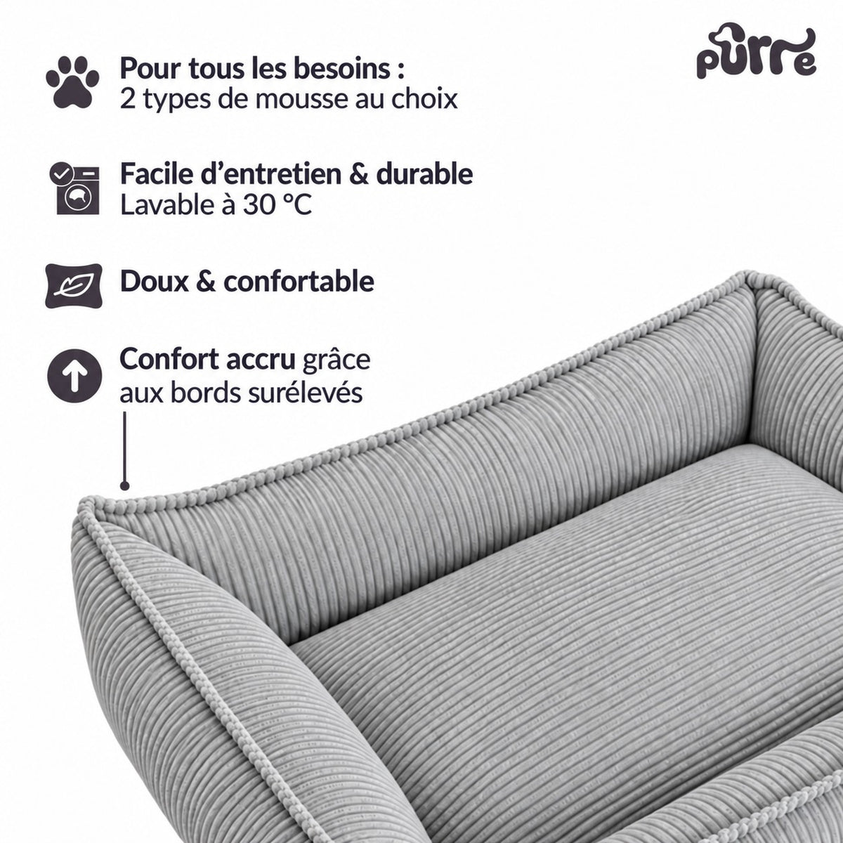 Nino Corduroy Memory Foam Dog Basket Bed – Cloud Grey, XS